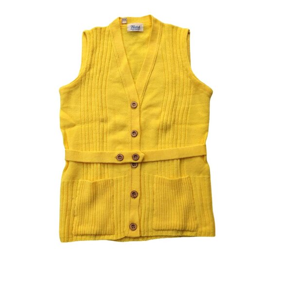 Vintage 1960s Bright Yellow Sleeveless Belted Knit Cardigan Sweater Vest Pockets - Picture 3 of 11
